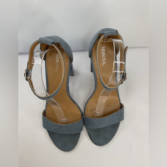 1510-Merona Women Blue Suede Open Toe Ankle Strap Stacked Chunky Heels - Picture 7 of 11